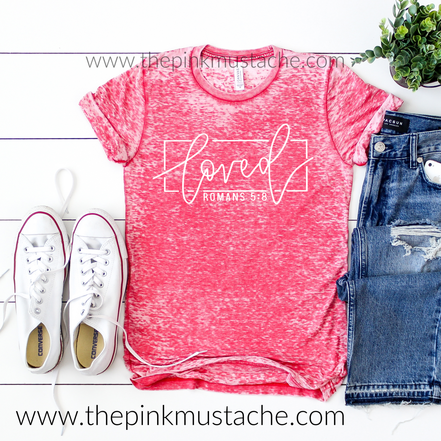 Acid  Washed Red - Loved - Romans 5:8 Tee - Perfect Valentines Day Gift / Gifts for Her