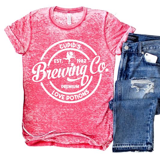Acid  Washed Red - Cupids Brewing Tee - Perfect Valentines Day Gift / Gifts for Her or Him