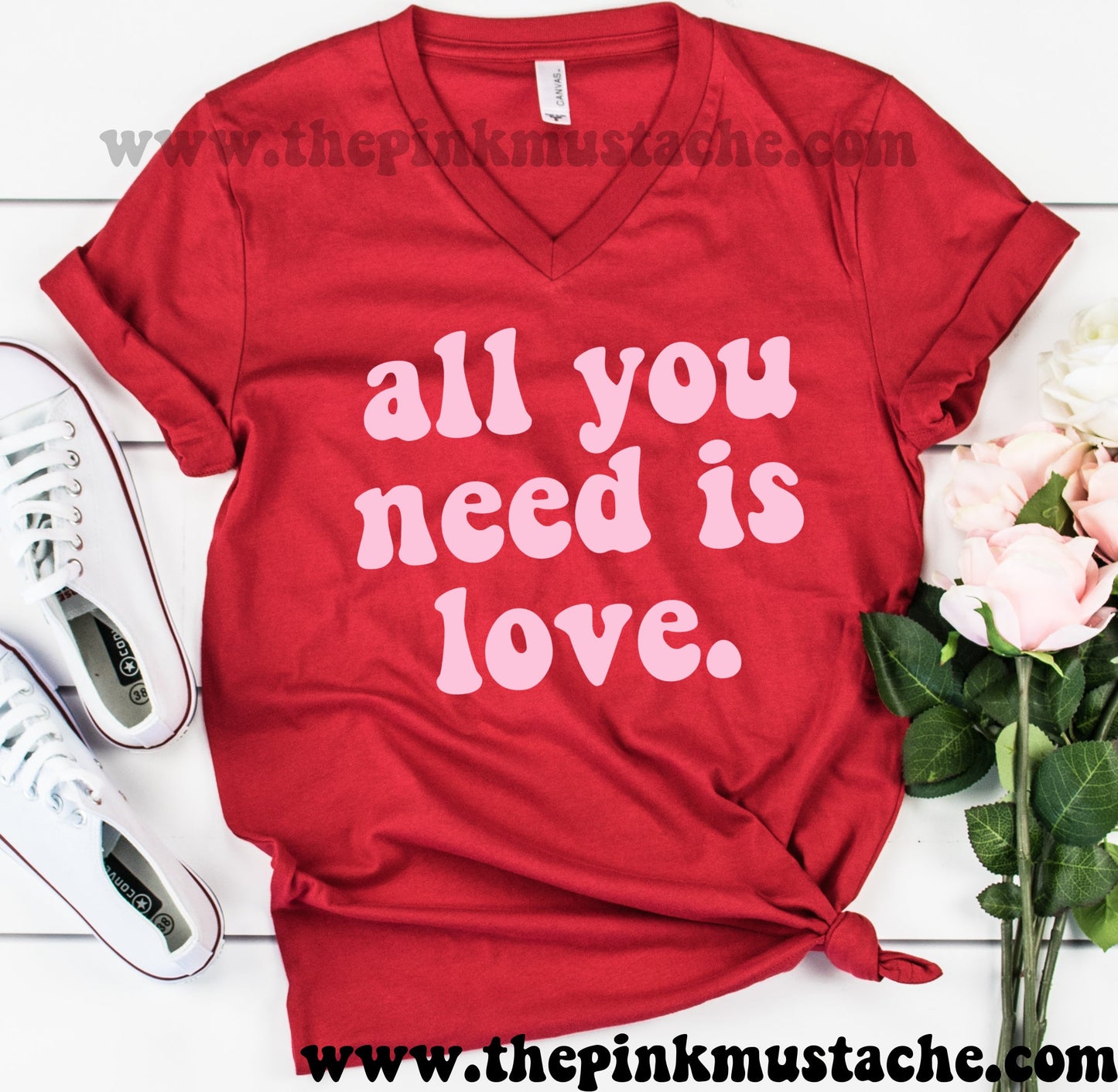 All You Need Is Love Bella V-Neck Valentines Retro Boutique Tee