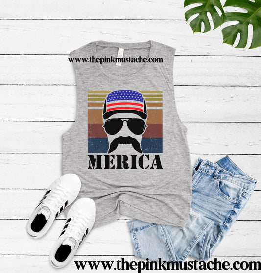 Mens or Womens Cut Merica Funny Mustache Muscle Tank / Muscle Tank Top / Mens or Womens Cut Tank Available