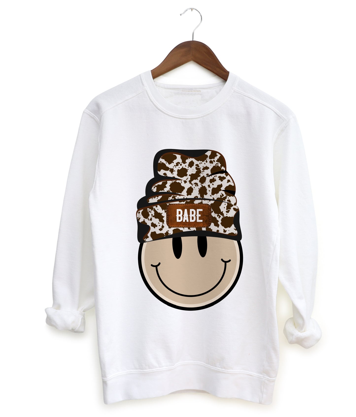 Gildan, Bella Canvas, or Comfort Colors Babe Beanie Cow Print Western Sweatshirt -Youth, Adult Sized