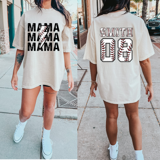 Front/Back Comfort Colors or Bella Canvas Baseball Mama Lightning Bolt With Name Tee/ Baseball Mom Shirt