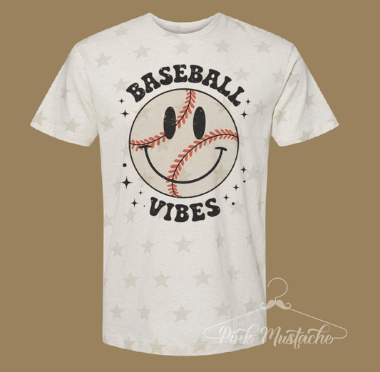 Baseball Vibes Smiley Retro Star Printed Tee -Unisex Adult Sized Baseball Shirt/ Softball Shirt/ Baseball Mom Tee