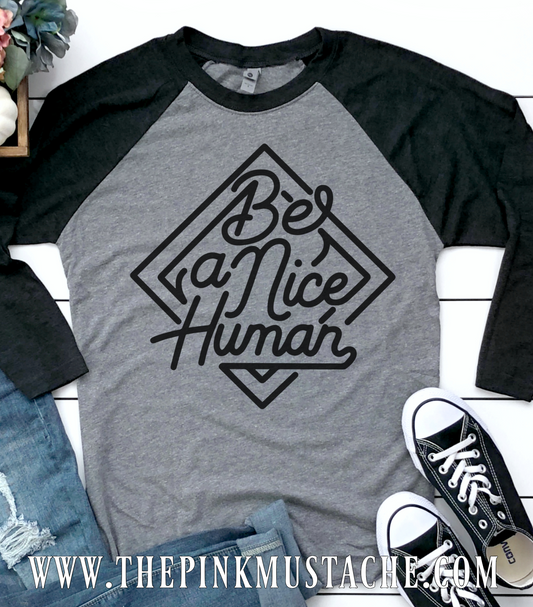 Be A Nice Human Raglan Tee / Be A Nice Human Raglan Tee / Youth and Adult Sized Tee/ Mommy and Me /