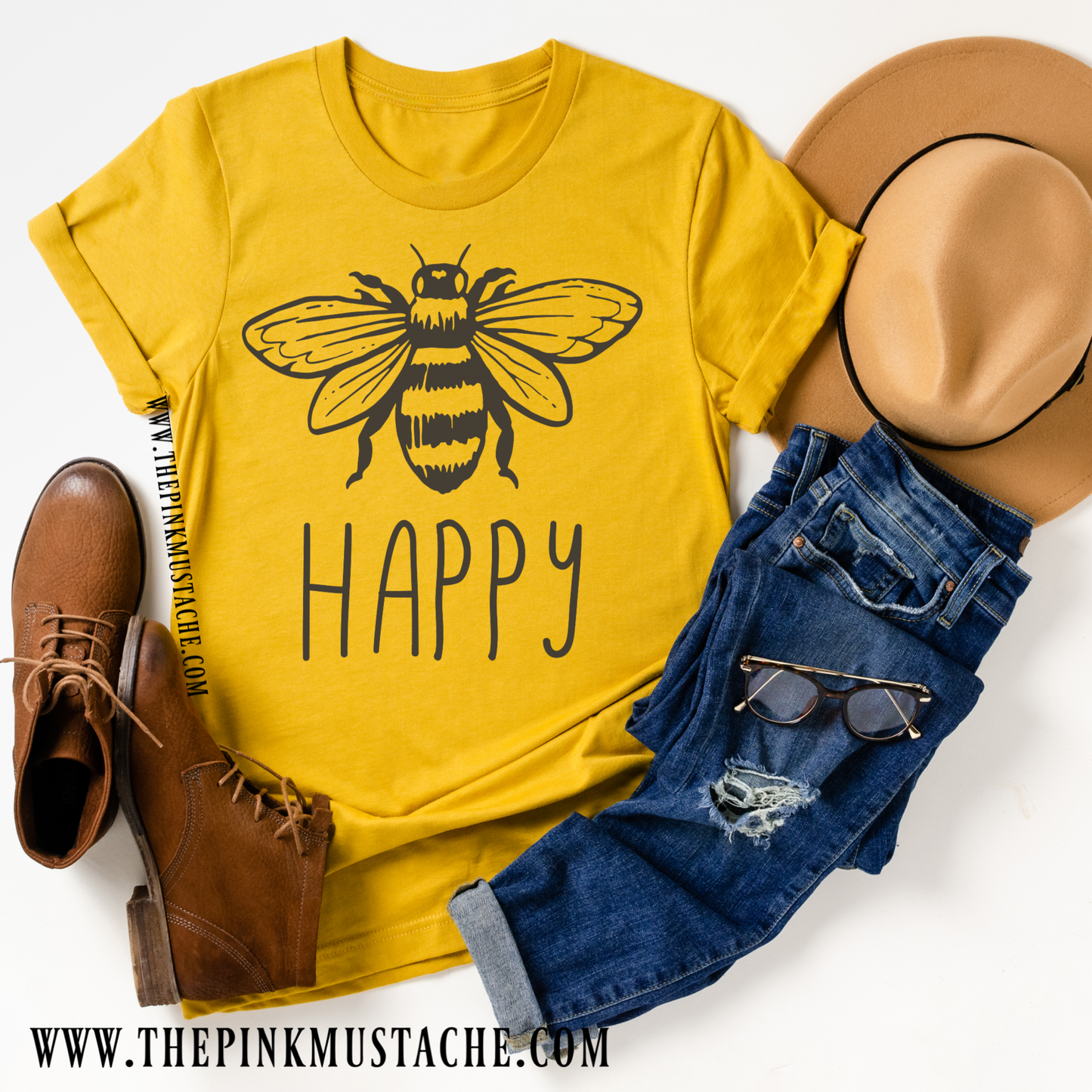 Bee Happy T-Shirt / Mustard Tee / Fall Layering Tee / Teachers Tee