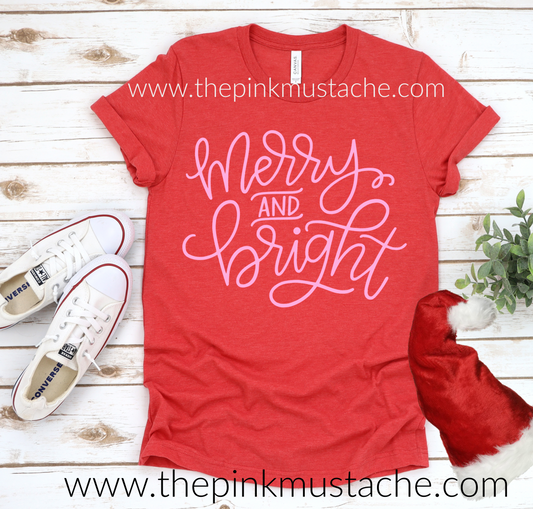 Soft Style Pink Merry and Bright Christmas Tees / Cute Mommy and Me - Family Christmas Tees