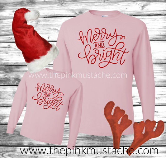 Long Sleeved Pink Merry and Bright Christmas Tees / Cute Mommy and Me - Family Christmas Tees