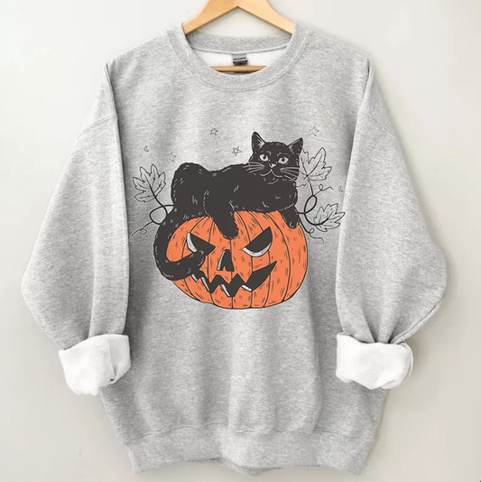 Gildan or Bella Canvas Brand Black Cat on a Pumpkin Halloween Sweatshirt  - Youth and Adult Sizes