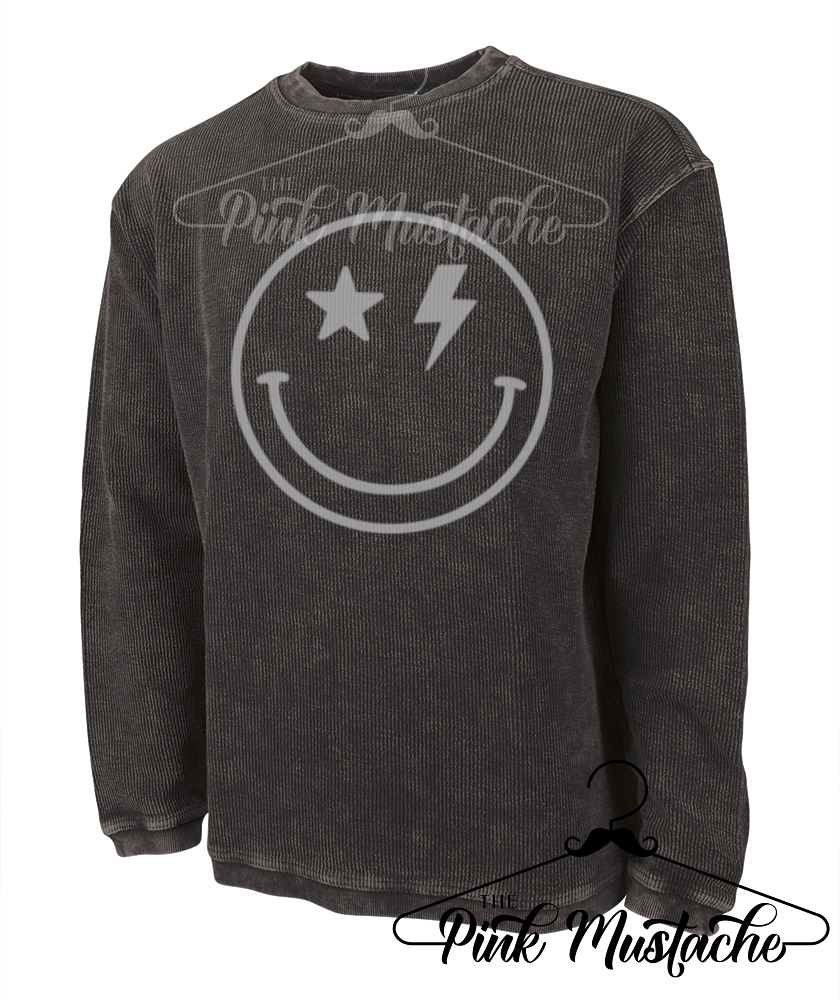 Rocker Smiley Face  -Quality Corded Sweatshirt Charles River Camden Crew - Southern Style/ Western Style/ Valentines FunStyle