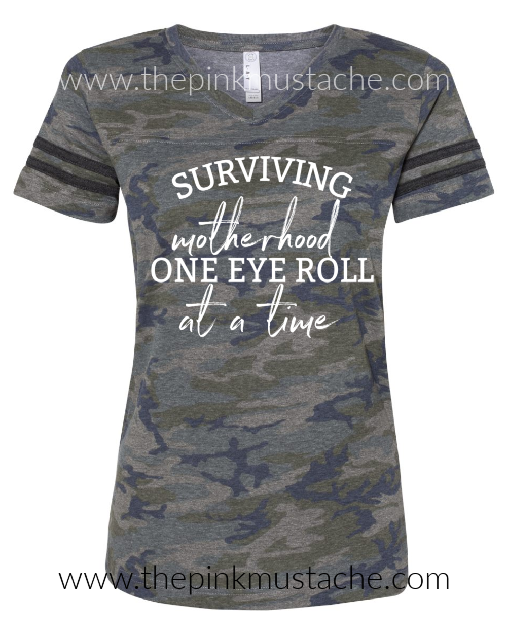 Camouflage V-Neck Surviving Motherhood One Eye Roll At A Time T-Shirt / Camo Tee/ Sizes 2T-XXXL / Funny Mom Tee