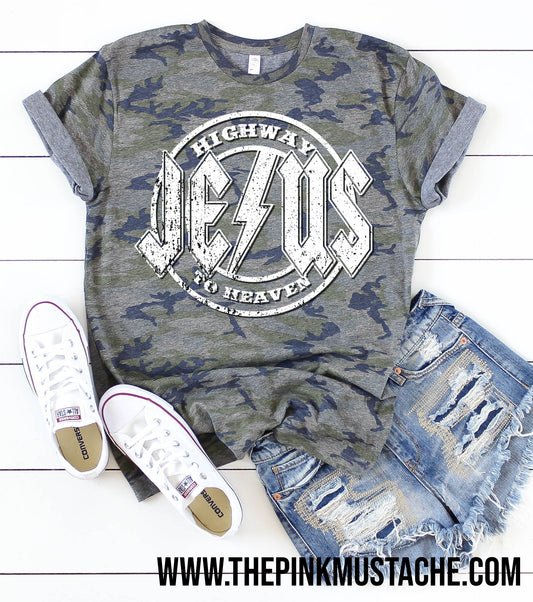 Camo Jesus Highway To Heaven Rocker Tee/ Camouflage Religious Tee - / Youth and Adult Sizes / ACDC Inspired