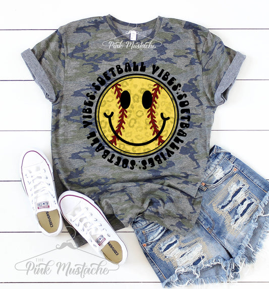 Camo Softball Vibes Smiley Happy Retro Tee / Softball Fan Tee / Camouflage Softball Shirt/ Toddler, Youth, and Adult Sizes