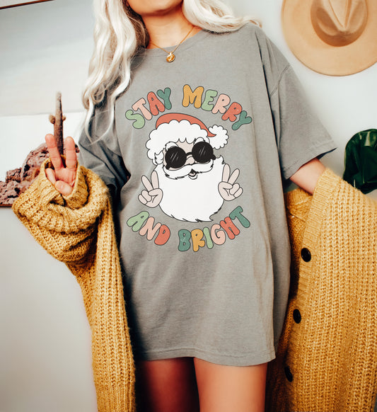 Comfort Colors or Bella Stay Merry and Bright Hippie Peace Santa Shirt/ Unisex Funny Christmas Shirt