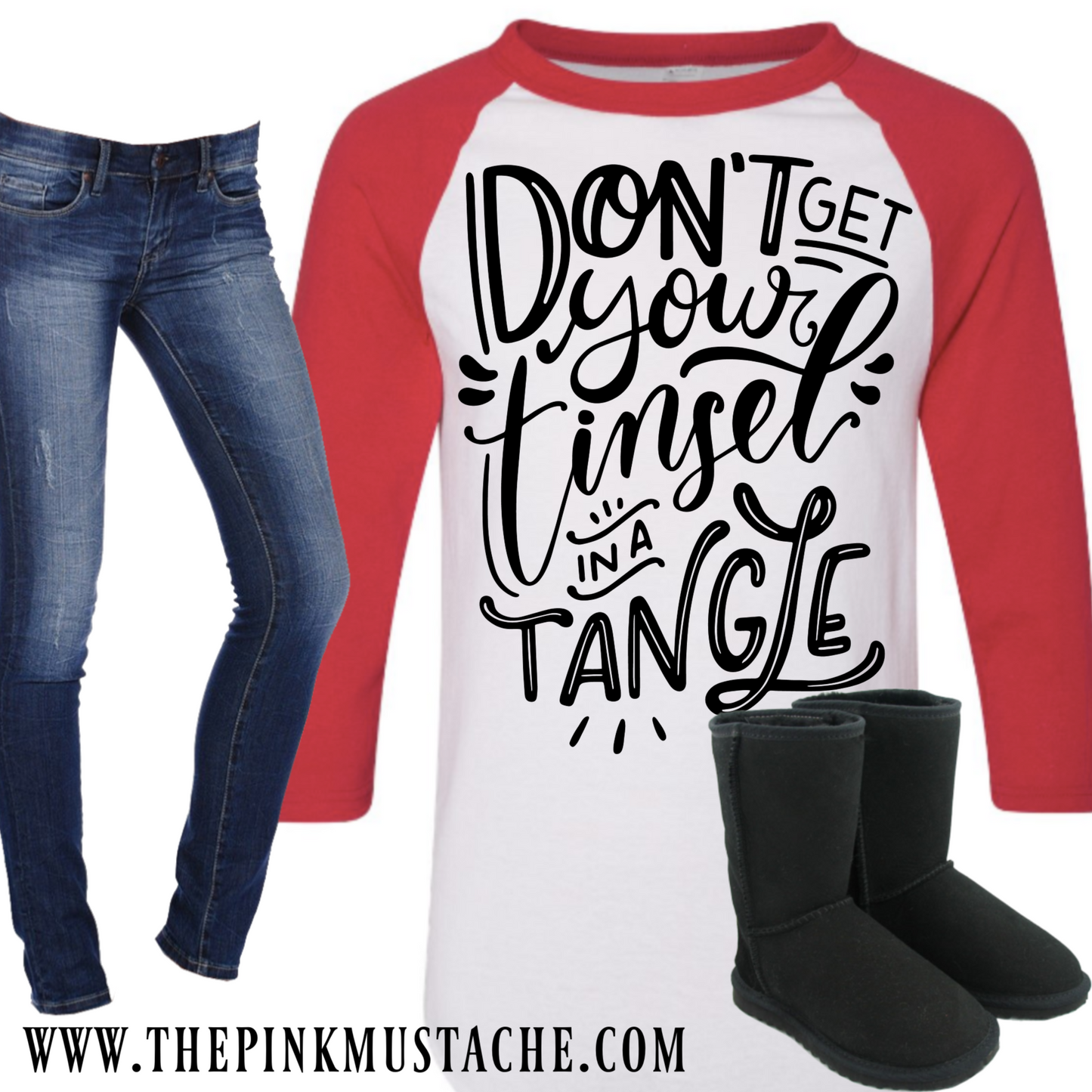 Don't Get Your Tinsel In A Tangle / Merry Christmas Boutique Graphic Raglan / Youth and Adult sizing / Buffalo Plaid Christmas