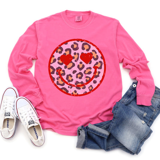Long Sleeve Comfort Colors Pink Smiley Heart Valentines Day Unisex Shirt/ Valentine's Shirt/ Valentines Day Tee