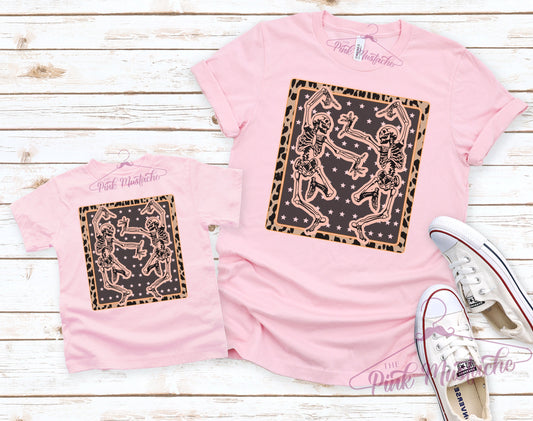 Toddler, Youth, and Adult Pink Leopard Dancing Skeletons Tee/ Softstyle Mommy and Me Tee