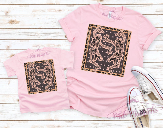 Toddler, Youth, and Adult Pink Leopard Dancing Skeletons Tee/ Softstyle Mommy and Me Tee