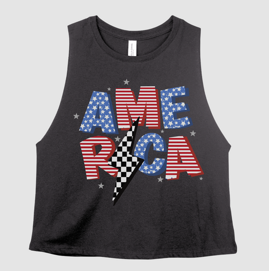 America Stars and Strips Lightning Print Summer Cropped Tank Top /  Adult Sizes