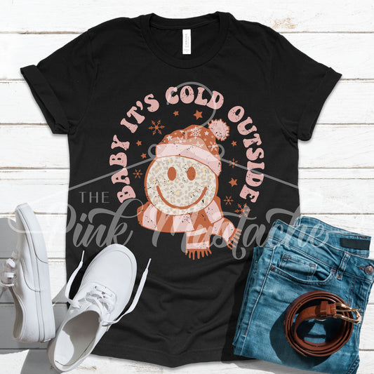 Baby It's Cold Outside Leopard Smiley Youth and Adult Retro Smiley Softstlye Tee/ Soft Style Shirt
