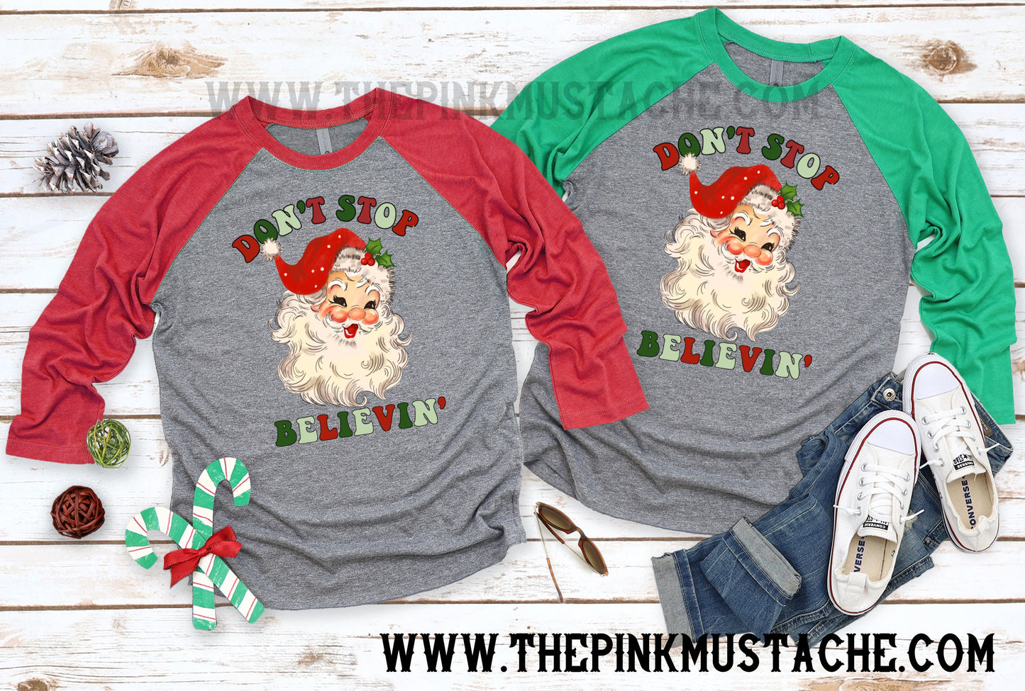 Don't Stop Believin' Santa Christmas Vintage Raglan Baseball Tee - Youth and Adult Size - Christmas Shirt