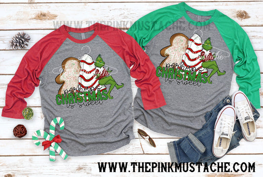 Perhaps Christmas Is Sweet Vintage Raglan Baseball Tee - Youth and Adult Size - Christmas Shirt