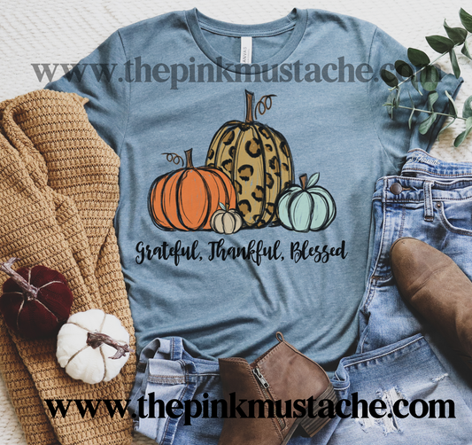 Grateful, Thankful, Blessed Hand Painted Pumpkins Tee/ Bella Canvas Fall Tee/ Fall T-Shirt with Pumpkins / Leopard Pumpkins
