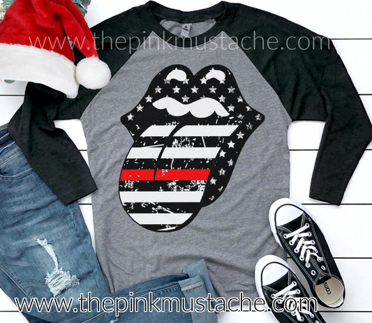 Firefighter Rock N Roll Red Line Tongue Raglan / Firefighter Tee/ Youth and Adult Sizes Available