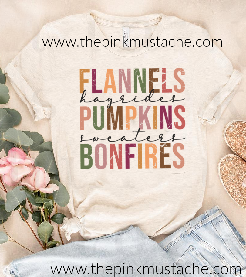 Fall Tee - Flannels, Hayrides, Pumpkins, Sweaters, Bonfires - FALL words Tee/ Bella Canvas / Fall Layering Tee / Teachers Tee
