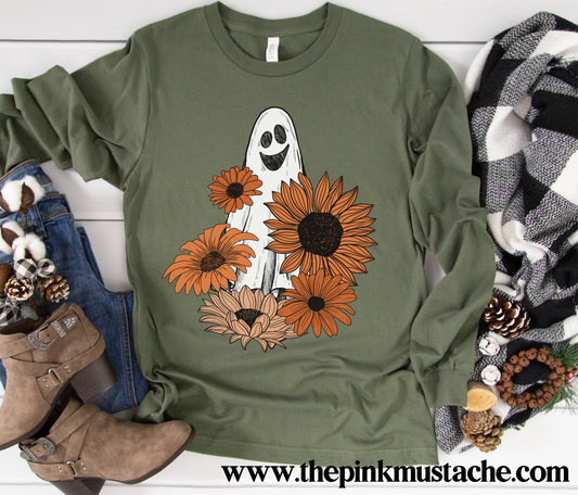 Long Sleeve Olive Floral Ghost Tee/ Halloween Shirt/ Softstyle Tee/ Adult Sizes Available