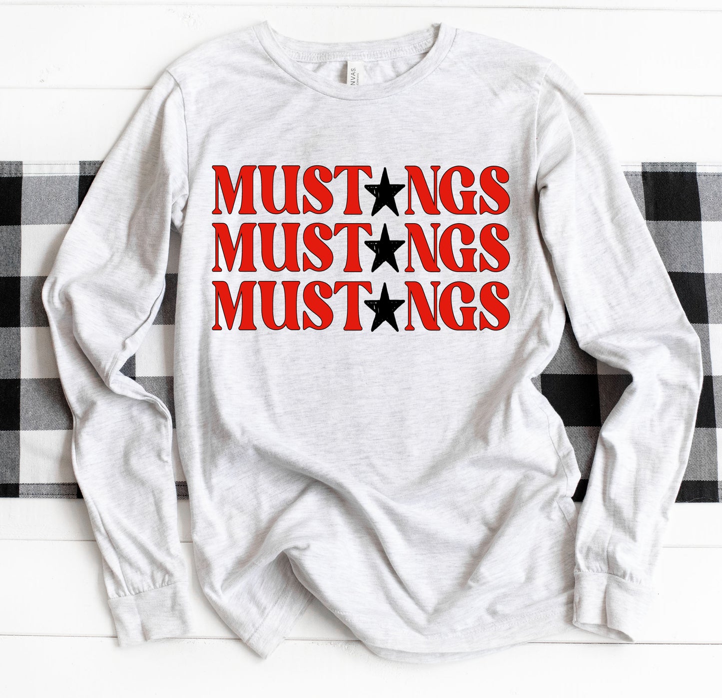 Long Sleeve Bella Canvas Houston Stacked Mustangs Shirt/ Youth and Adult Sizing