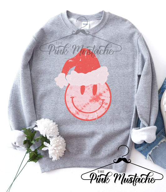 Youth and Adult Retro Smiley Christmas Fleece Crewneck Sweatshirt/ Gray
