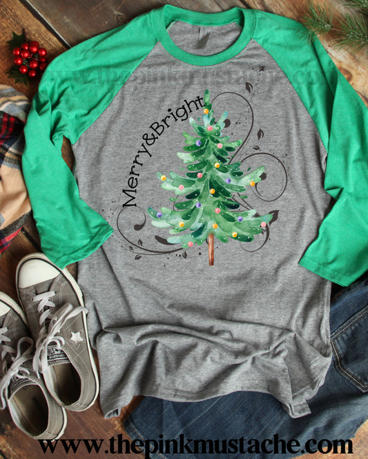 Merry and Bright Christmas Tree Raglan  Quality Soft Tee/ Christmas Tee