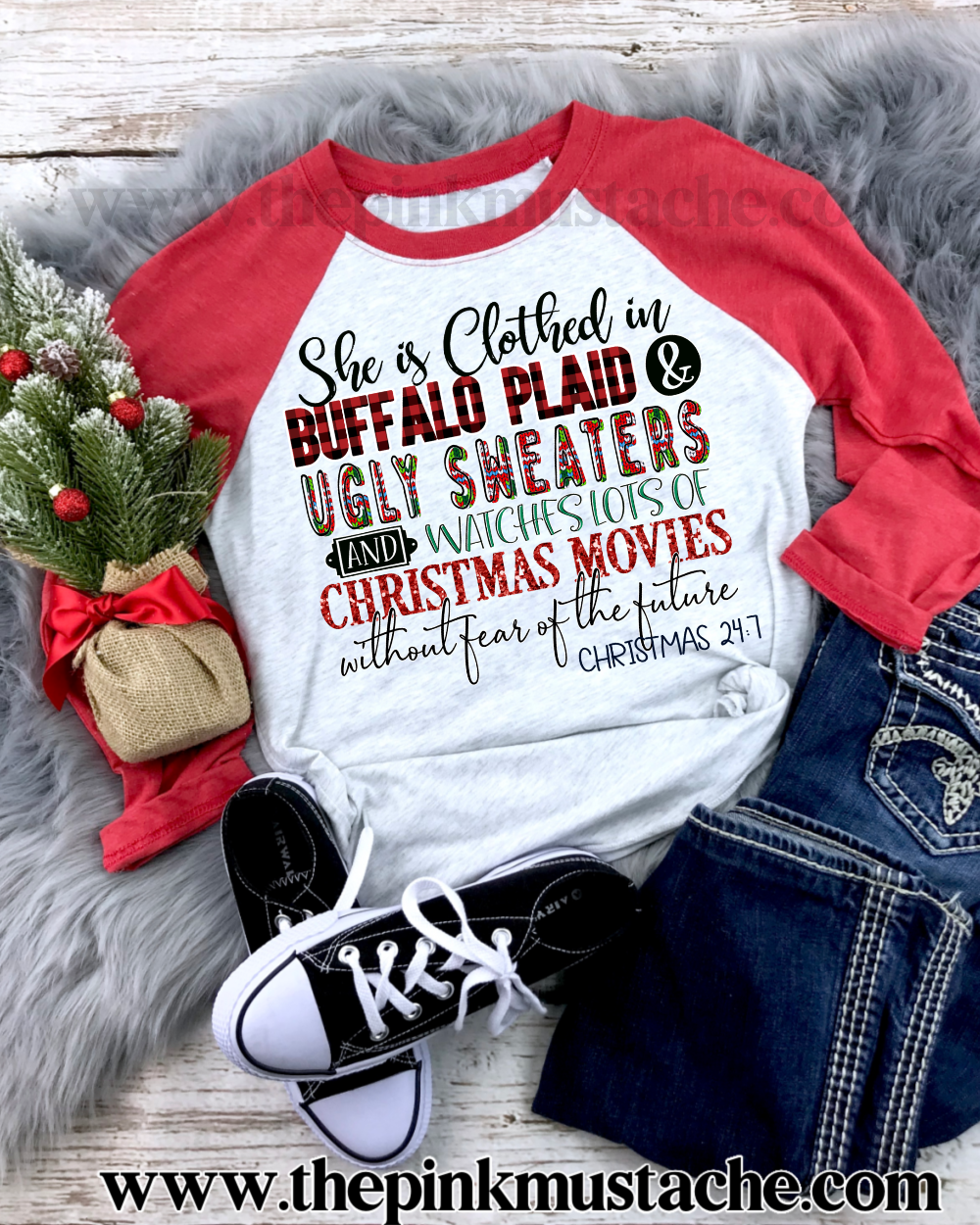 She Is Clothed In Buffalo Plaid and Ugly Sweaters And Watches Lots of Christmas Movies Without Fear of The Future- Christmas 24/7 Raglan/ Youth and Adult Sizing