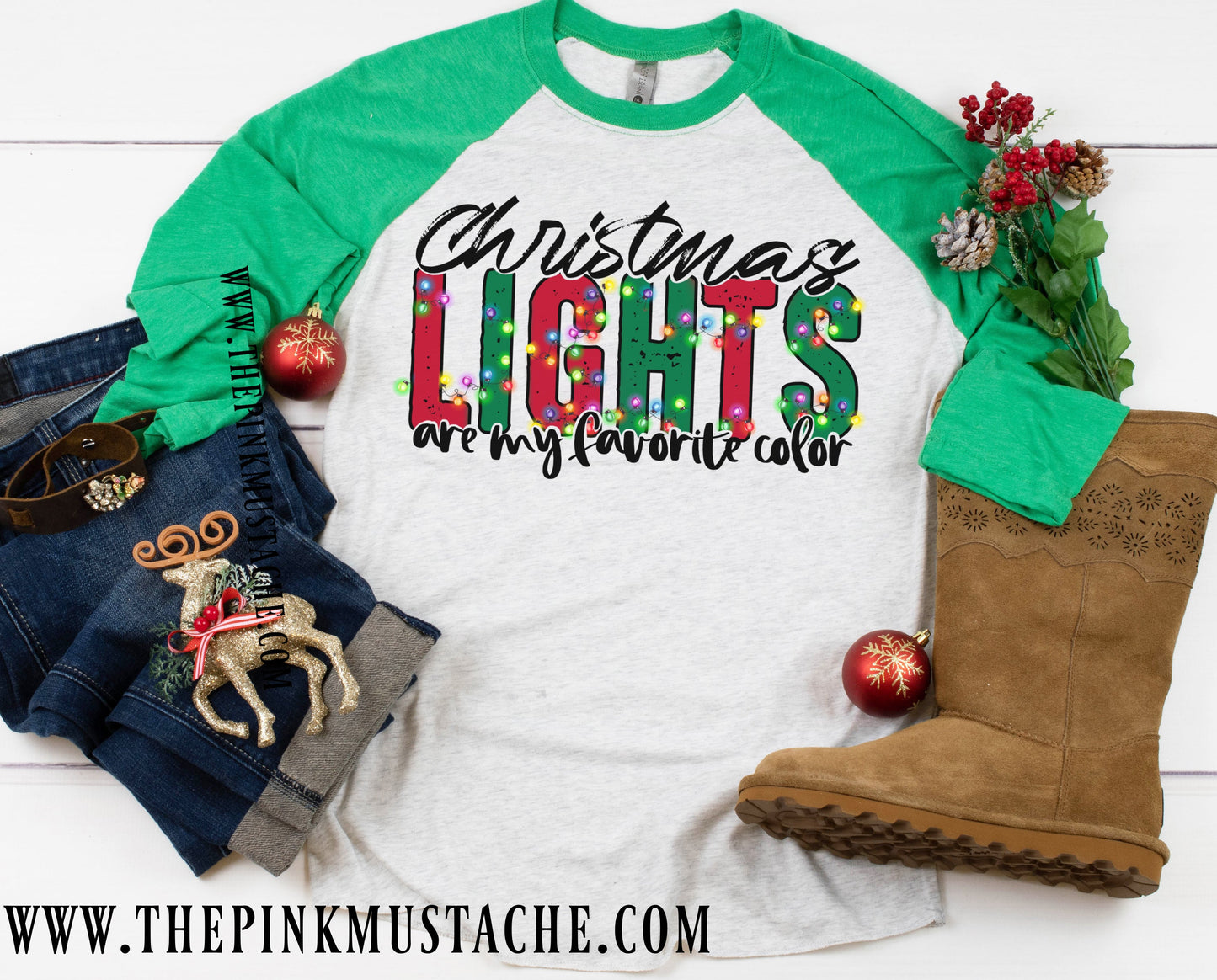 Christmas Lights Are My Favorite Color Raglan Baseball Tee - Youth and Adult Size - Christmas Shirt