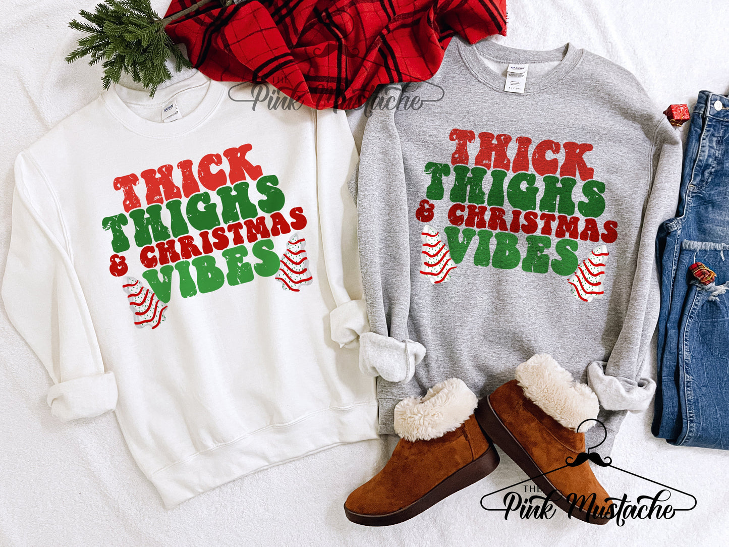 Thick Thighs and Christmas Vibes Yummy Christmas Trees Sweatshirt/ Super Cute Unisex Sized Sweatshirt/ Youth and Adult Options