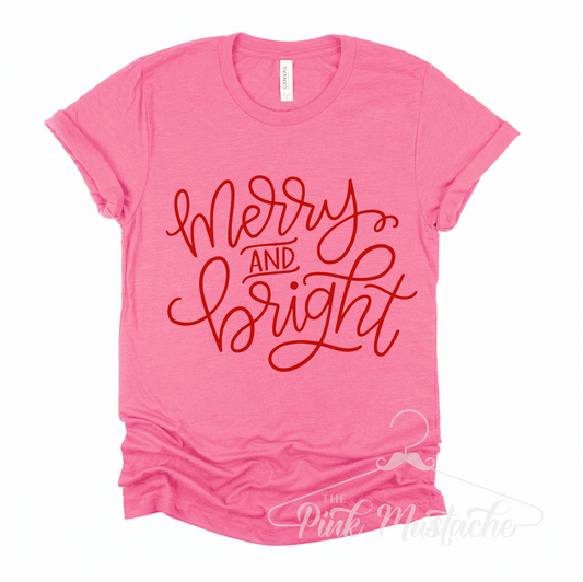 Comfort Colors or Bella Canvas  Pink Merry and Bright Christmas Tees / Cute Mommy and Me - Family Christmas Tees