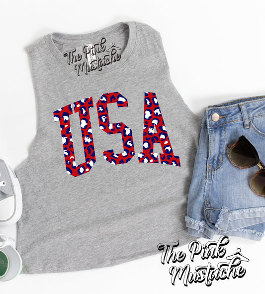 Cropped Bella Tank Leopard USA 4th of July Racerback Tank Top