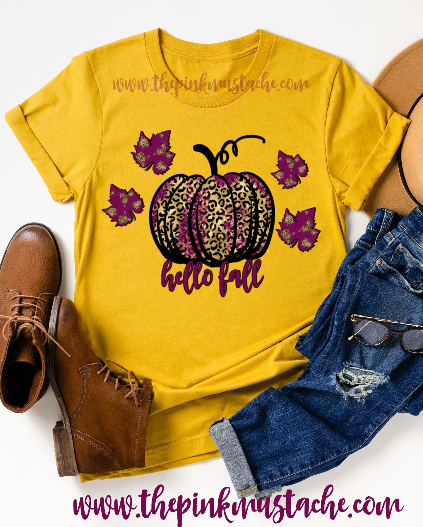 Hello Fall Tee/ Hello Fall Shirts Youth and Adult Shirts /Fall Style / Mustard Tee/ Leopard Pumpkin