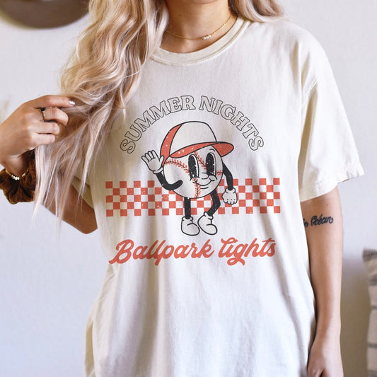 Summer Nights Ballpark Lights Baseball Retro Tee -Unisex Toddler, Youth, and Adult Sized Tees