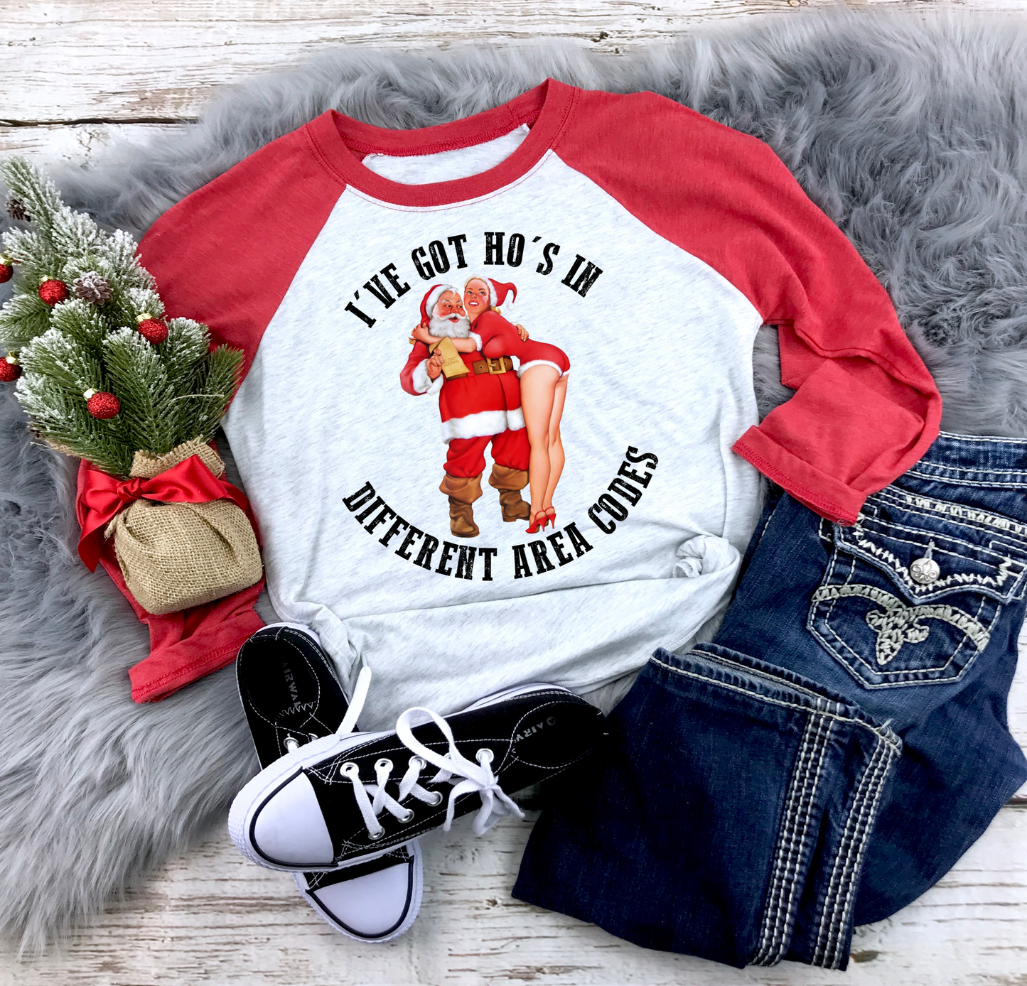 I've Got Ho's In Different Area Codes Raglan Christmas Funny Santa Unisex Raglan Tee - Christmas Raglan
