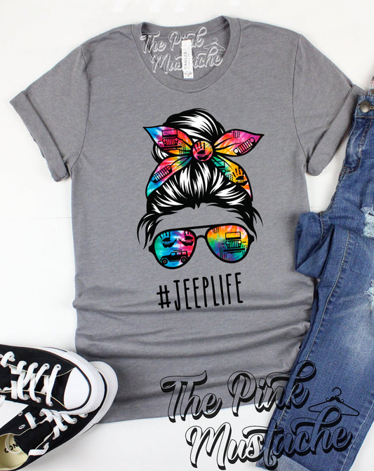 Jeep Life Messy Bun Mom Bella Canvas Softstyle Shirt/ Messy Bun Jeep Shirt