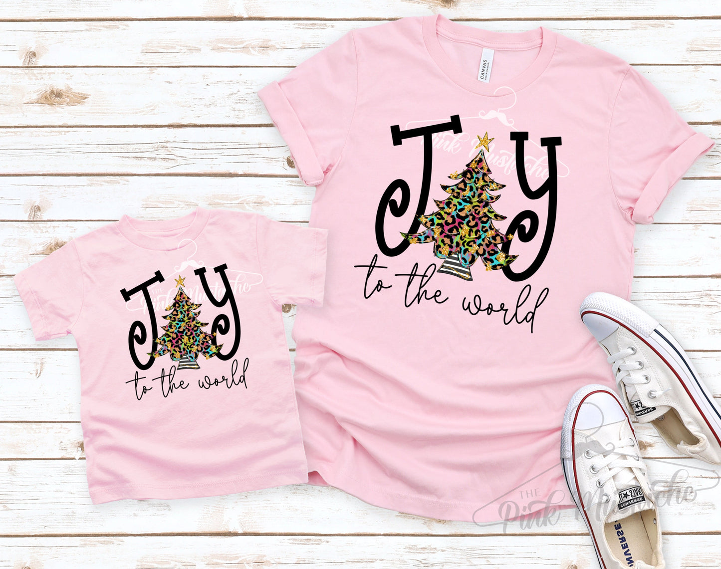 Pink Joy To The World Leopard Print Christmas Tree Tee / Toddler, Youth, and Adult Sizes/ Softstyle Tee / Christmas Shirt/ Mommy and Me