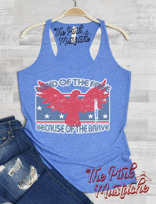 Land of the Free Because of the Brave Racerback Tank Top / Memorial Day July 4th Tank / Retro Style Tank