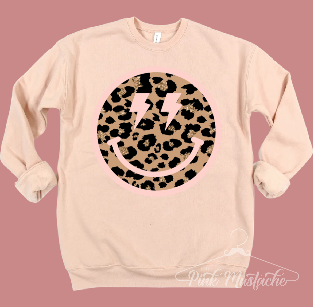 Bella Canvas Soft Style Leopard Smiley Happy Face Sweatshirt
