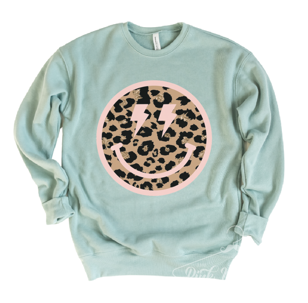 Dusty Blue Bella Canvas Soft Style Leopard Smiley Happy Face Sweatshirt