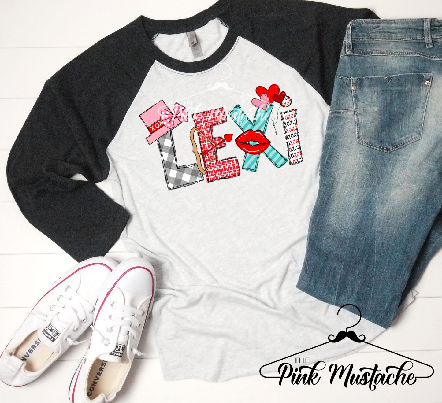 Girly Valentines Custom Monogram Raglan - Any Name - Toddler (2T - 5T) - Youth (S-L) - And Adult (S - 3XL)
