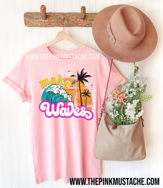 Make Waves Beach Themed Summer Vacation Tee/ Softstyle DTG Printed Tee/ Youth and Adult Sizes Available