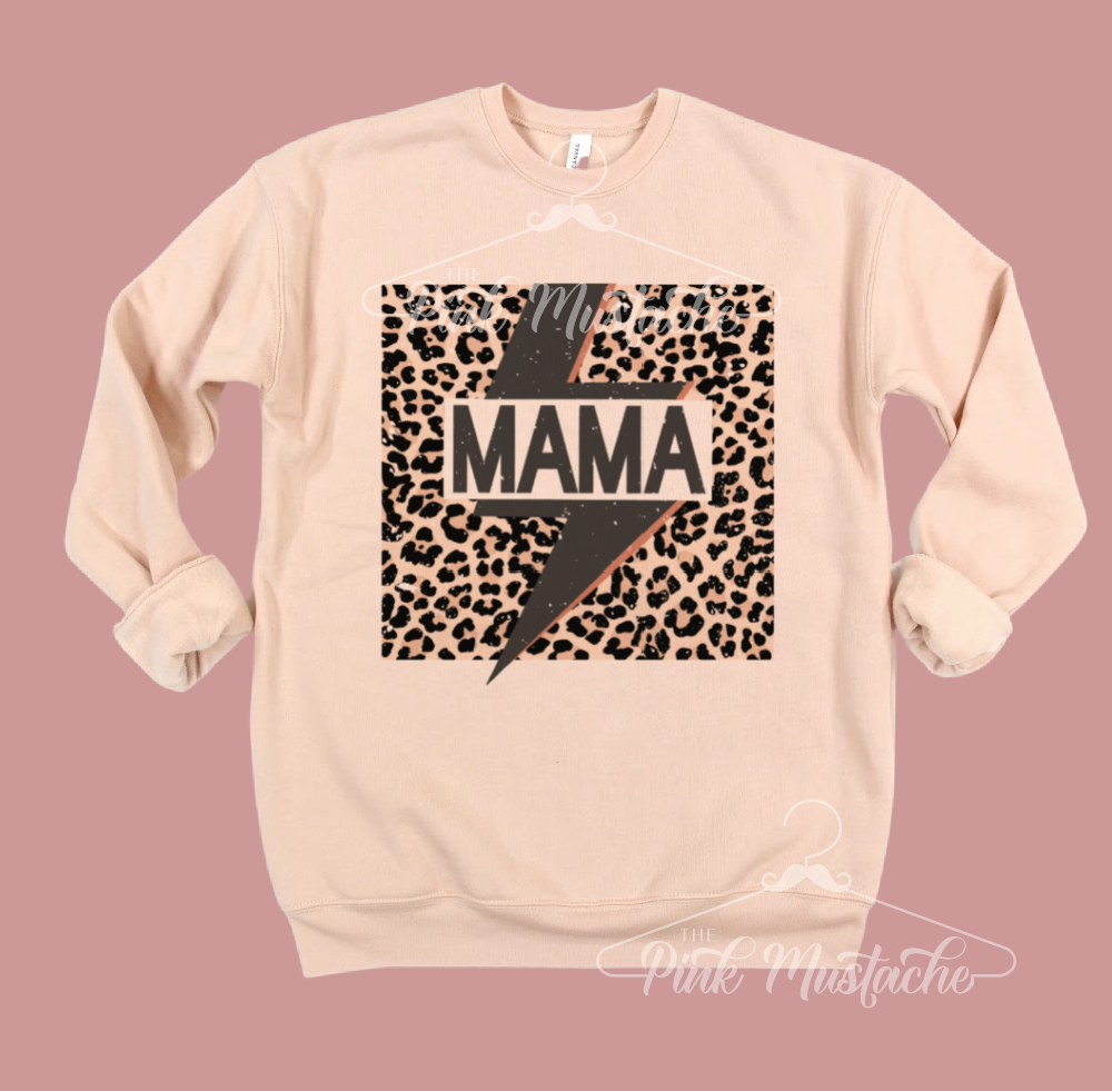 Mama Leopard Lightning Bolt Bella Canvas Sweatshirt - Boutique Bella Canvas Sweatshirt/ Natural Sweatshirt / Mom Style