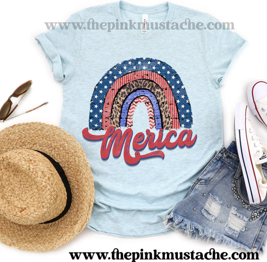 Merica USA Rainbow Shirt/ Youth and Adult Sizes Available - Merica USA - Leopard Print Tee - Bella Canvas Tee