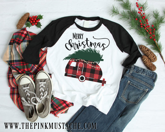 Merry Christmas Camper Tee/ Sublimated Christmas Raglan / Youth and Adult sizing